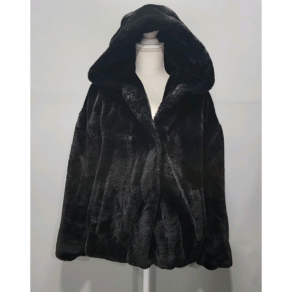 ZARA BASIC Black Faux Fur Hooded Short Jacket Snap Regular Women Sizes XLarge